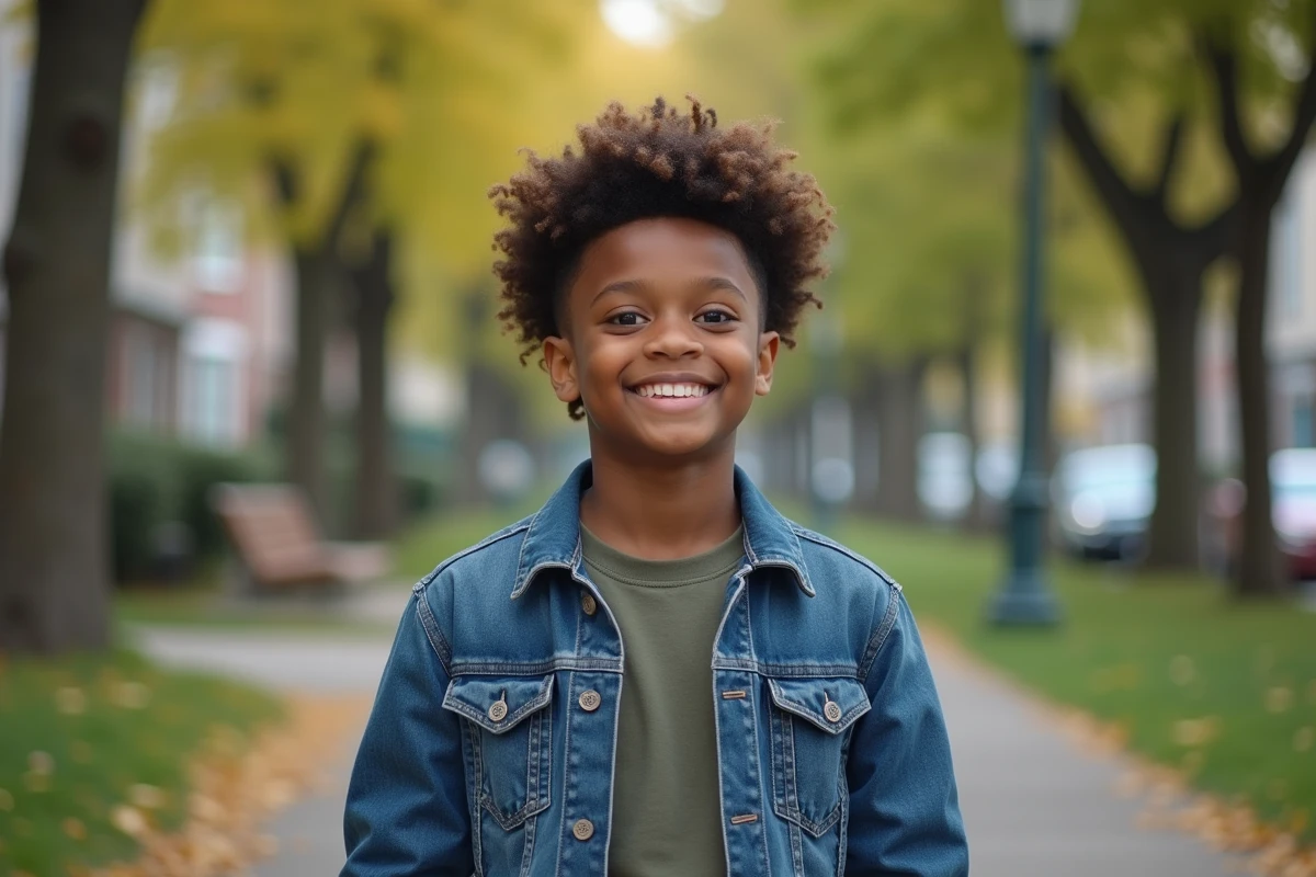 Jeune garçon aux cheveux bouclés dans un parc urbain