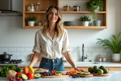 Femme préparant des aliments anti-cellulite frais dans une cuisine moderne avec légumes, baies et avocats