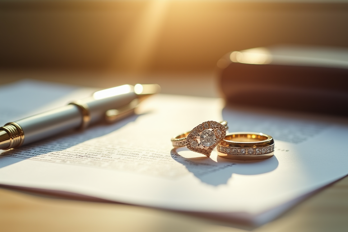 Une alliance et une bague de fiançailles sur un bureau en bois en lumière naturelle