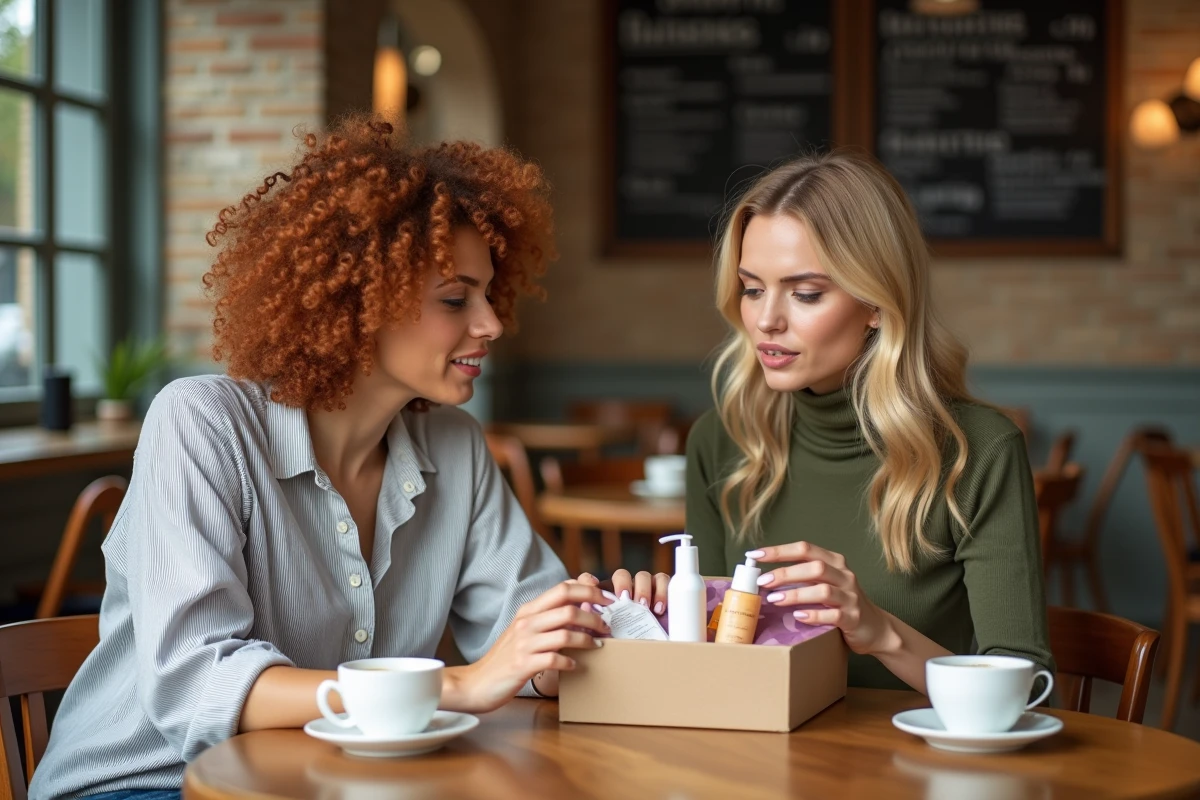 Deux amies comparant les produits d'une box beauté abonnement dans un café parisien, discutant des ingrédients et des soins cosmétiques