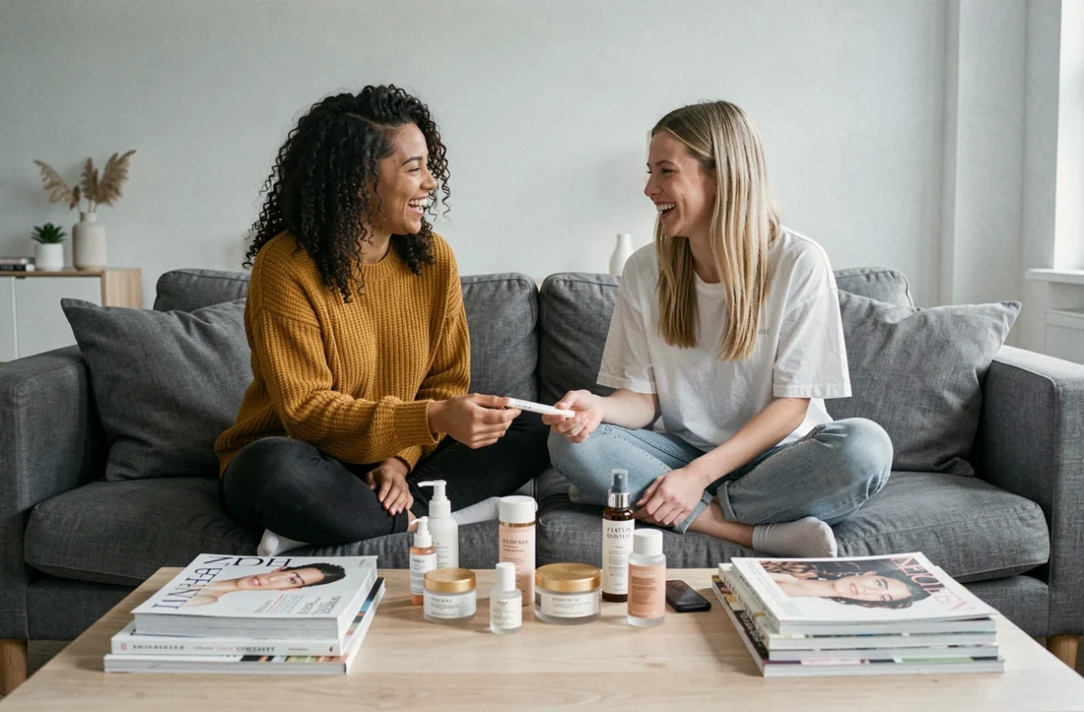 Deux amies comparant leurs box beauté mensuelles assises sur un canapé dans un salon scandinave
