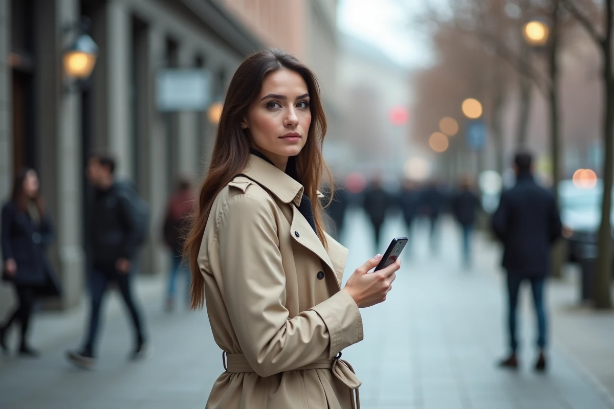 Femme seule dans un espace urbain tenant un smartphone, symbolisant l'anonymat en ligne et les enjeux du consentement à l'ère des réseaux sociaux