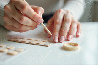 Mains naturelles appliquant des faux ongles avec des objets du quotidien