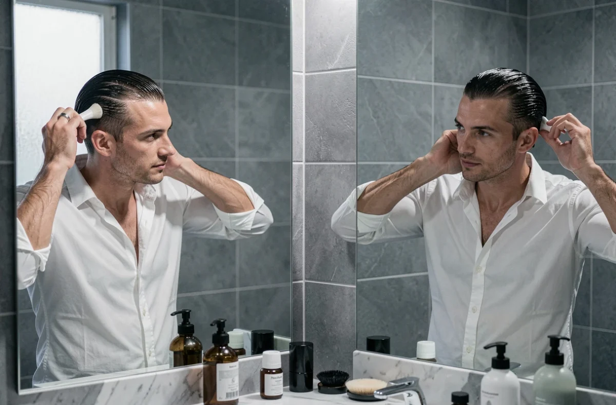 Homme appliquant de la pommade pour réaliser un slick back avant d'aller au bureau, reflet dans le miroir de salle de bain moderne