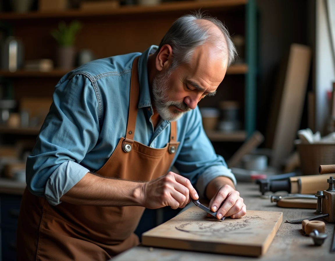 Artisan gravant un motif personnalisé sur une lame de rasoir coupe-chou dans son atelier