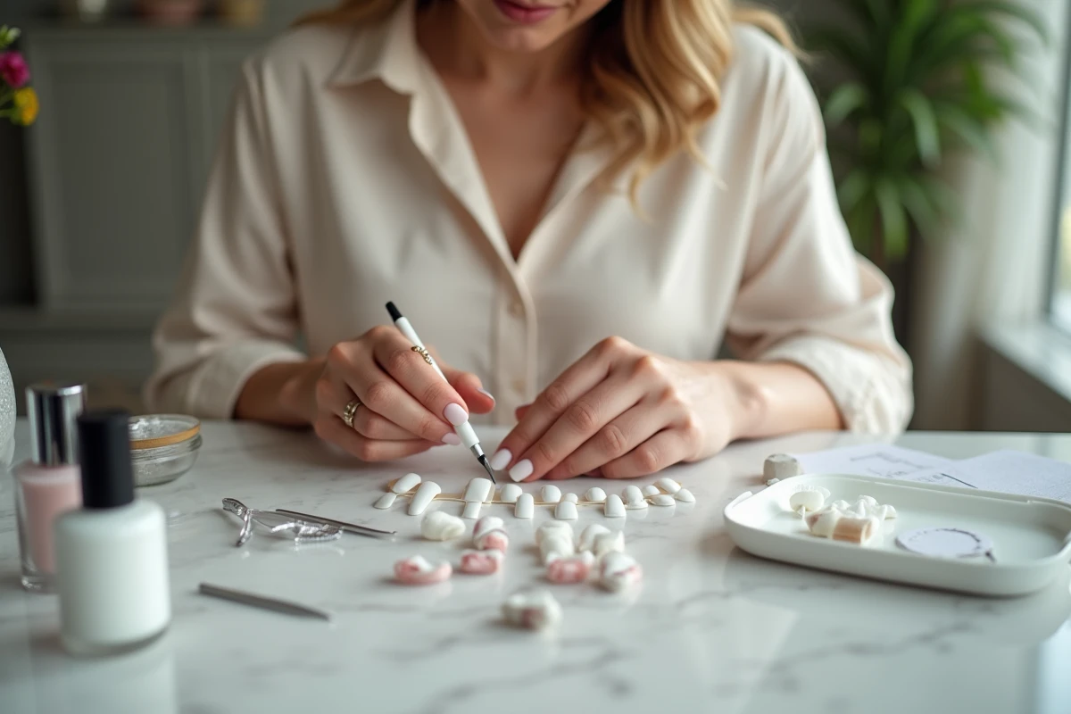 Artiste ongulaire appliquant la finition sur les ongles de la mariée