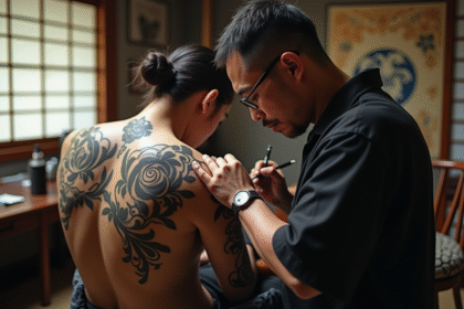 Artiste japonais tatouant un client dans un studio traditionnel