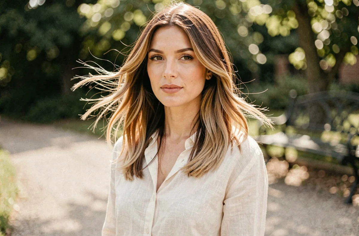 Jeune femme au balayage blond sur cheveux châtain en extérieur, reflets dorés naturels mis en valeur en plein air