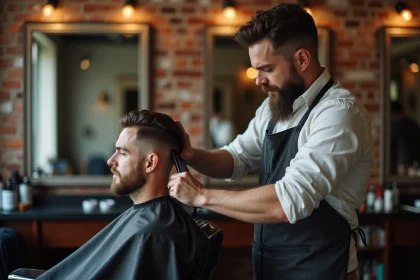 Barbier professionnel coiffant les cheveux fins d'un homme pour un effet densité dans un salon vintage