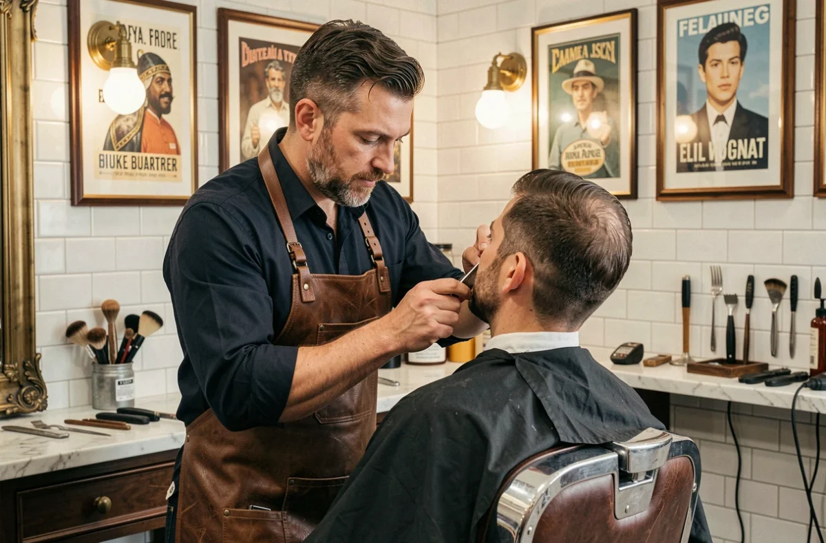Barbier rasant un client dans un barbershop traditionnel du Val-de-Marne