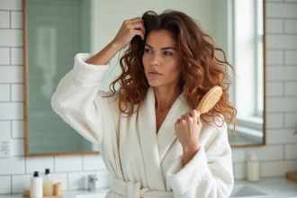 Femme aux cheveux ondulés démêlant ses cheveux humides avec une brosse en bois dans une salle de bain moderne
