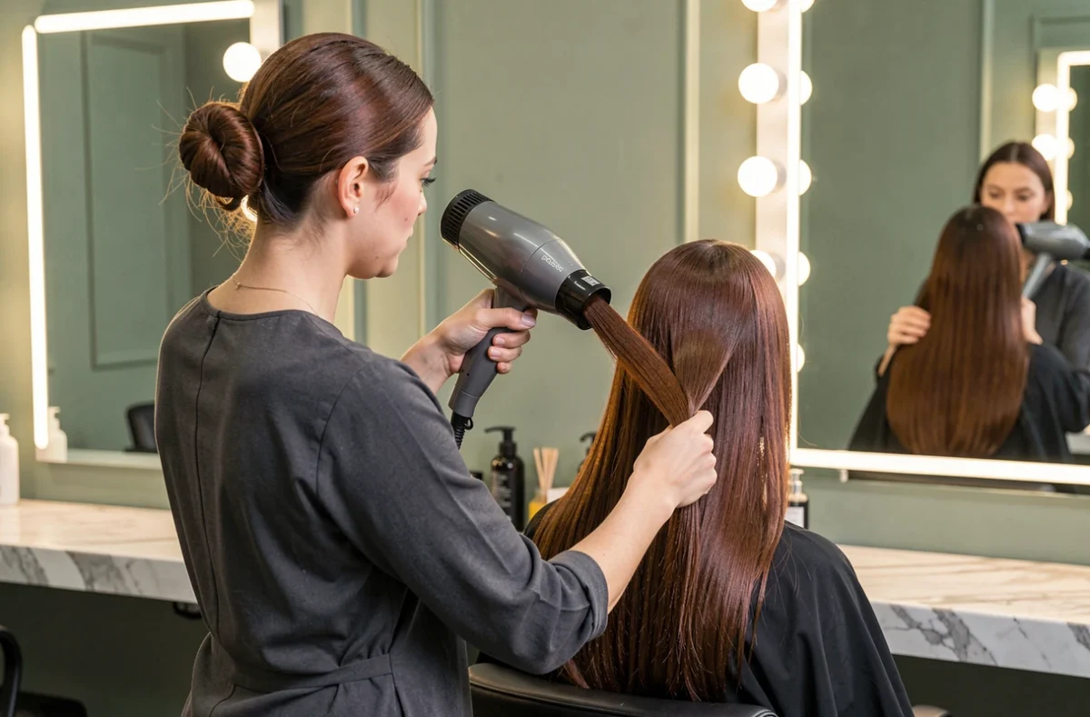 Coiffeuse réalisant un brushing pour une cliente dans un salon haut de gamme du Val-de-Marne