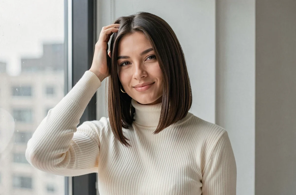 Femme avec un carré long lisse et des pointes effilées portant un pull col roulé ivoire dans un intérieur minimaliste