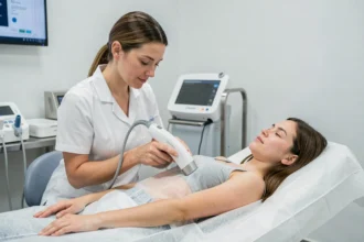 Technicienne en centre laser médical effectuant une épilation laser sur le bras d'une cliente dans un environnement clinique moderne