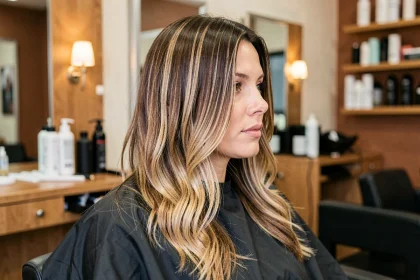Femme aux cheveux châtain avec balayage blond naturel, coiffée en salon, mise en valeur des longueurs illuminées