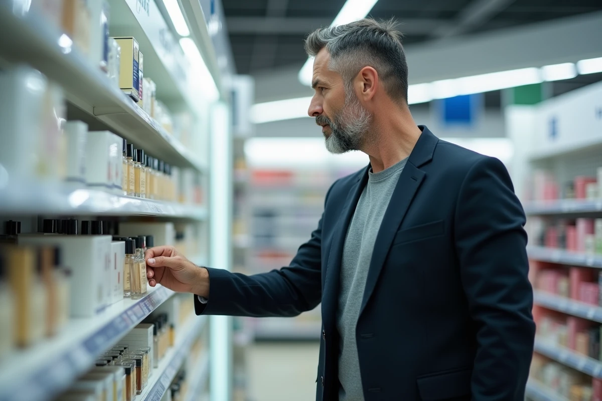 Un homme choisit un parfum masculin en rayon dans un magasin discount style Lidl