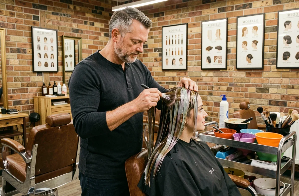 Coiffeur masculin appliquant une coloration en mèches sur une cliente dans un salon au style artisanal en Moselle