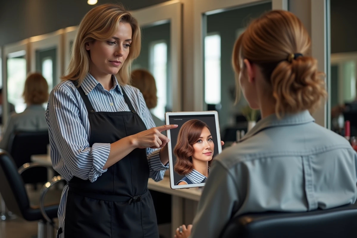 Coiffeuse et cliente consultant un simulateur de coupe de cheveux IA sur tablette en salon de coiffure