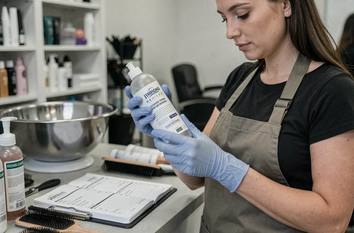 Coiffeuse portant des gants lisant attentivement l'étiquette d'un produit chimique capillaire dans un salon