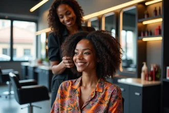 Femme noire souriante dans un salon de Toulouse coiffée