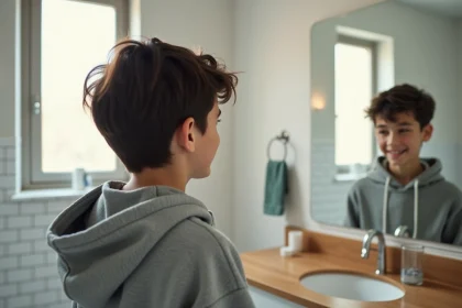 Adolescent de 14 ans avec une coiffure mi-longue de transition devant un miroir de salle de bain, style naturel et contemporain