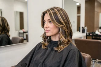 Femme aux cheveux mi-longs dégradés assise dans un fauteuil de salon de coiffure moderne, vue de trois quarts
