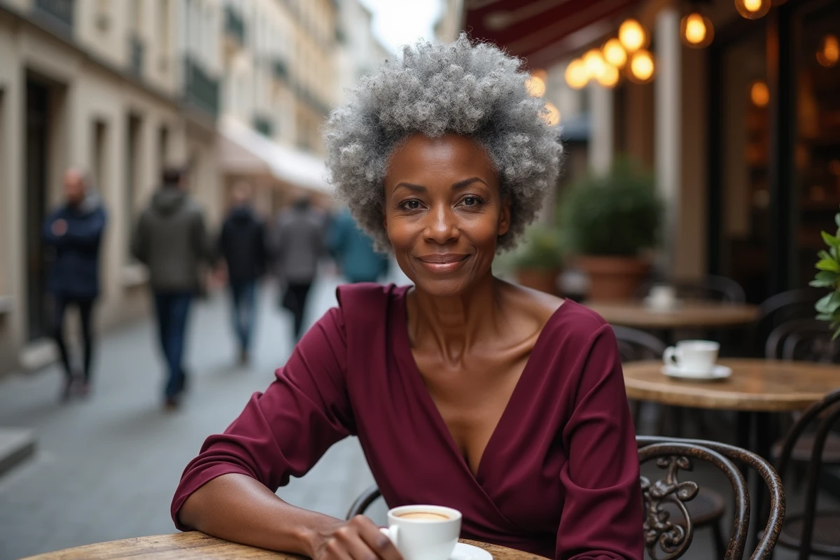 Femme de 72 ans avec une coiffure afro bouclée naturelle argentée et structurée en terrasse de café