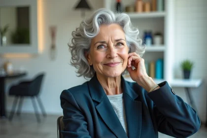 Femme de 70 ans aux cheveux bouclés argentés coiffés en bob structuré dans un salon moderne