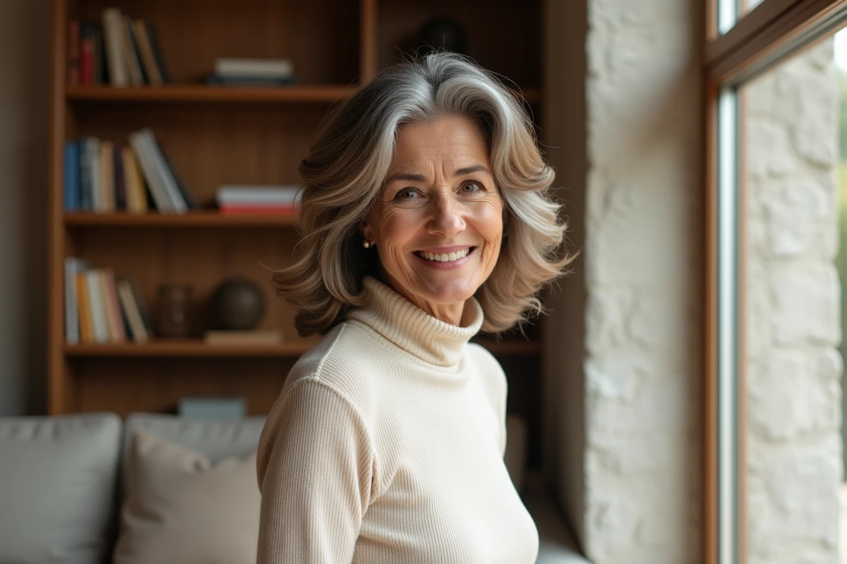 Femme senior aux cheveux ondulés gris châtain mi-longs et structurés en couches devant une fenêtre
