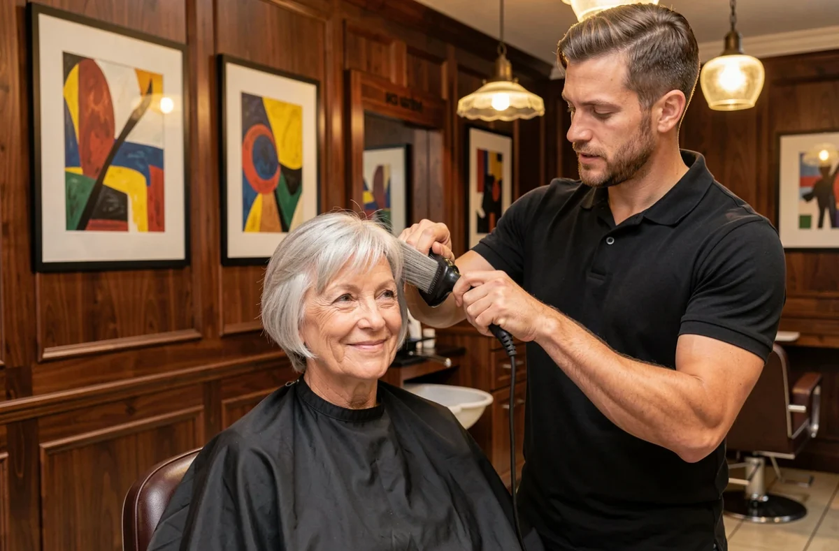 Femme senior recevant une coiffure dans un salon chaleureux du Val-de-Marne