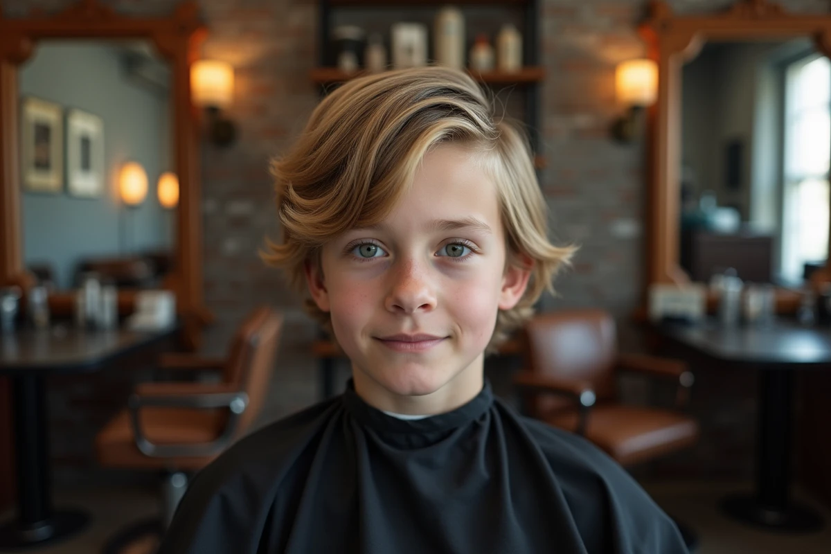 Adolescent de 14 ans dans un fauteuil de barbier moderne avec une coiffure mi-longue soignée, style éditorial tendance