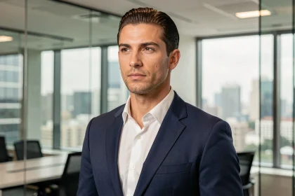 Homme en costume bleu marine avec un coiffure slick back impeccable au bureau, vue en trois quarts