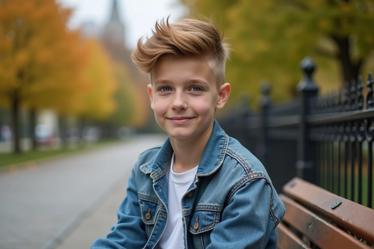 Jeune garçon de 14 ans avec une coiffure de transition court vers mi-long, assis sur un banc en parc urbain en automne