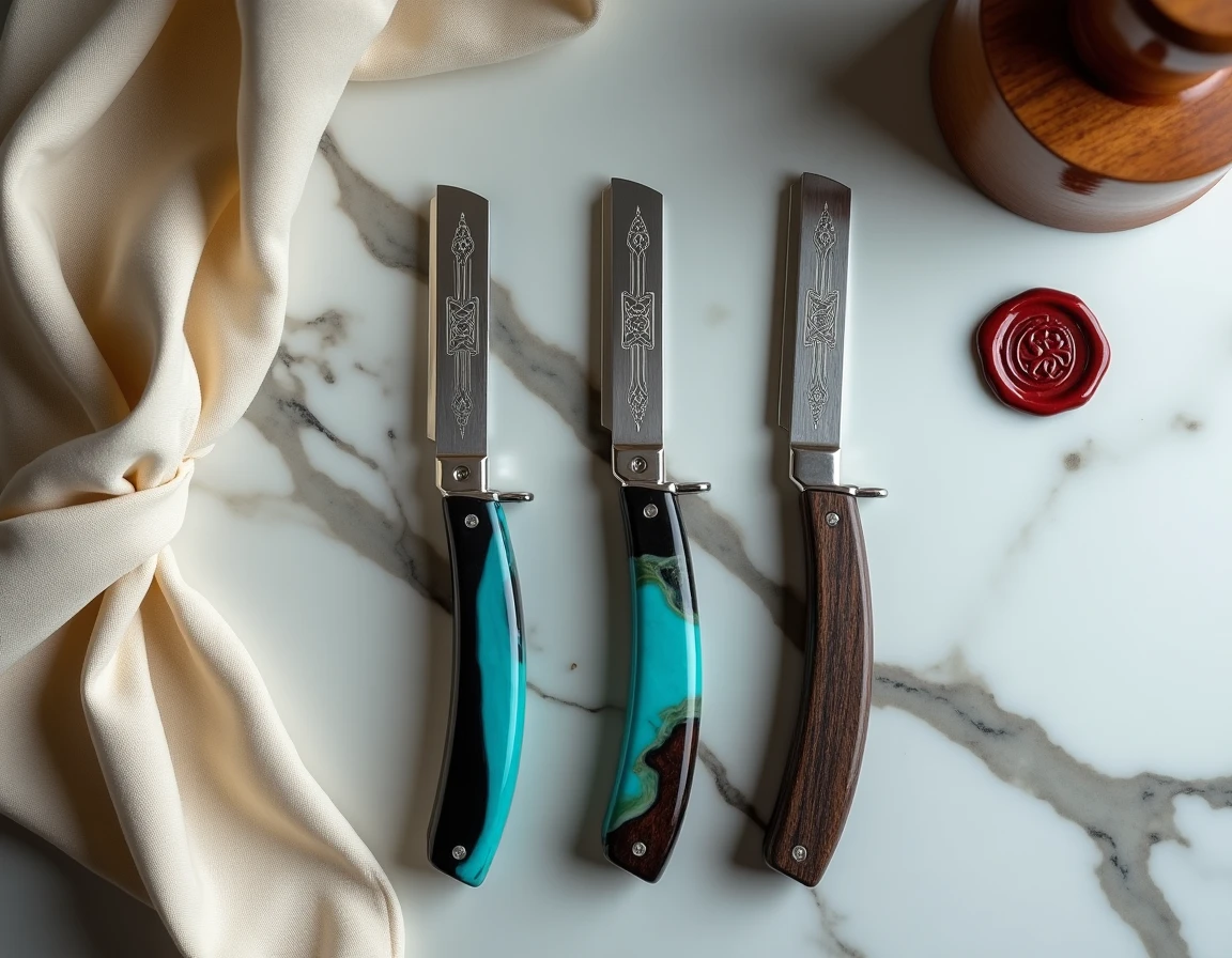 Trois rasoirs coupe-chou de collection personnalisés avec manches en corne, résine et bois de fer sur marbre