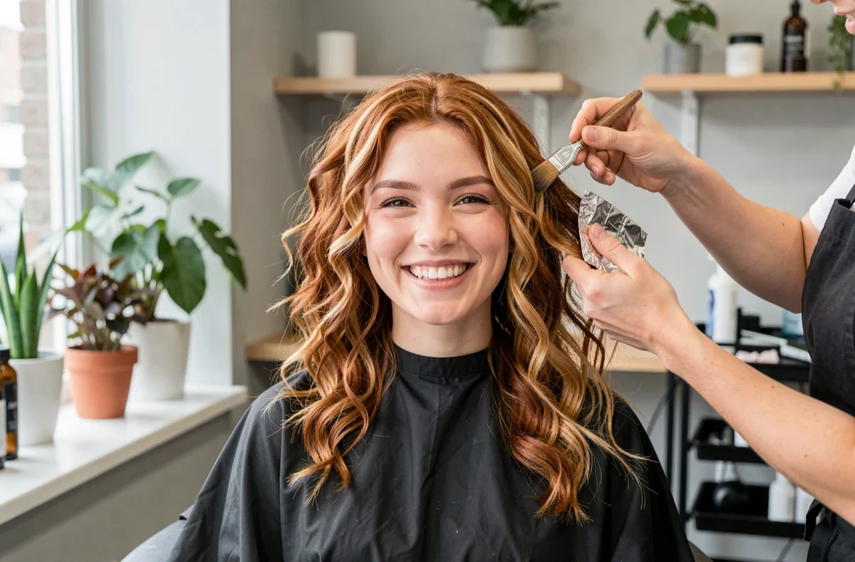 Cliente souriante lors d'une coloration dans un salon de coiffure moderne du Val-de-Marne