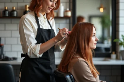 Coiffeuse professionnelle appliquant une coloration sur les cheveux longs d'une cliente dans un salon moderne