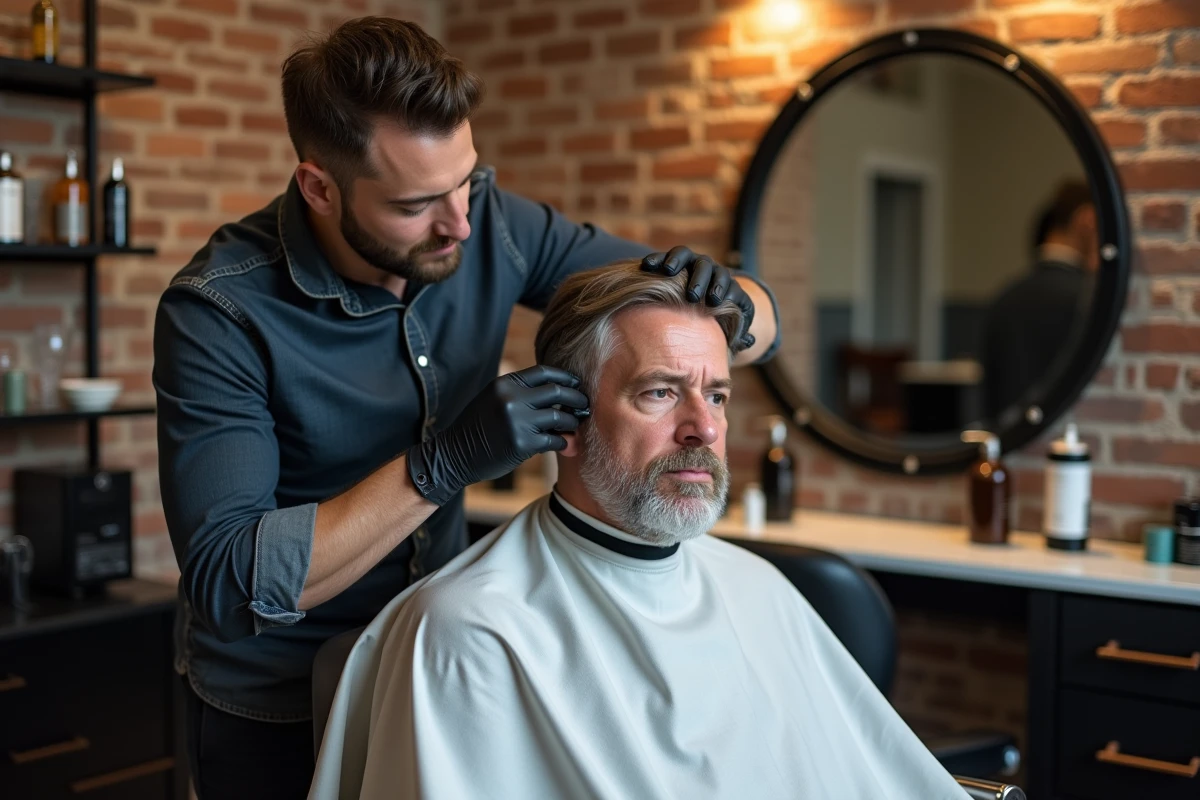 Barbier appliquant une coloration capillaire sur un client masculin dans un salon de coiffure contemporain