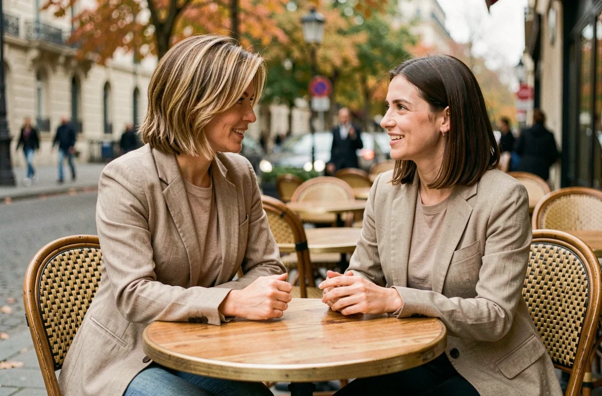 Deux femmes côte à côte en terrasse parisienne, comparant une coiffure mi-longue dégradée et un carré long