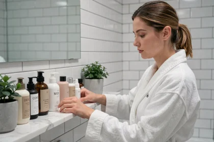Femme arrangeant des produits de soins minimalistes Typology, The Ordinary et The Inkey List sur une étagère en marbre blanc dans une salle de bain moderne
