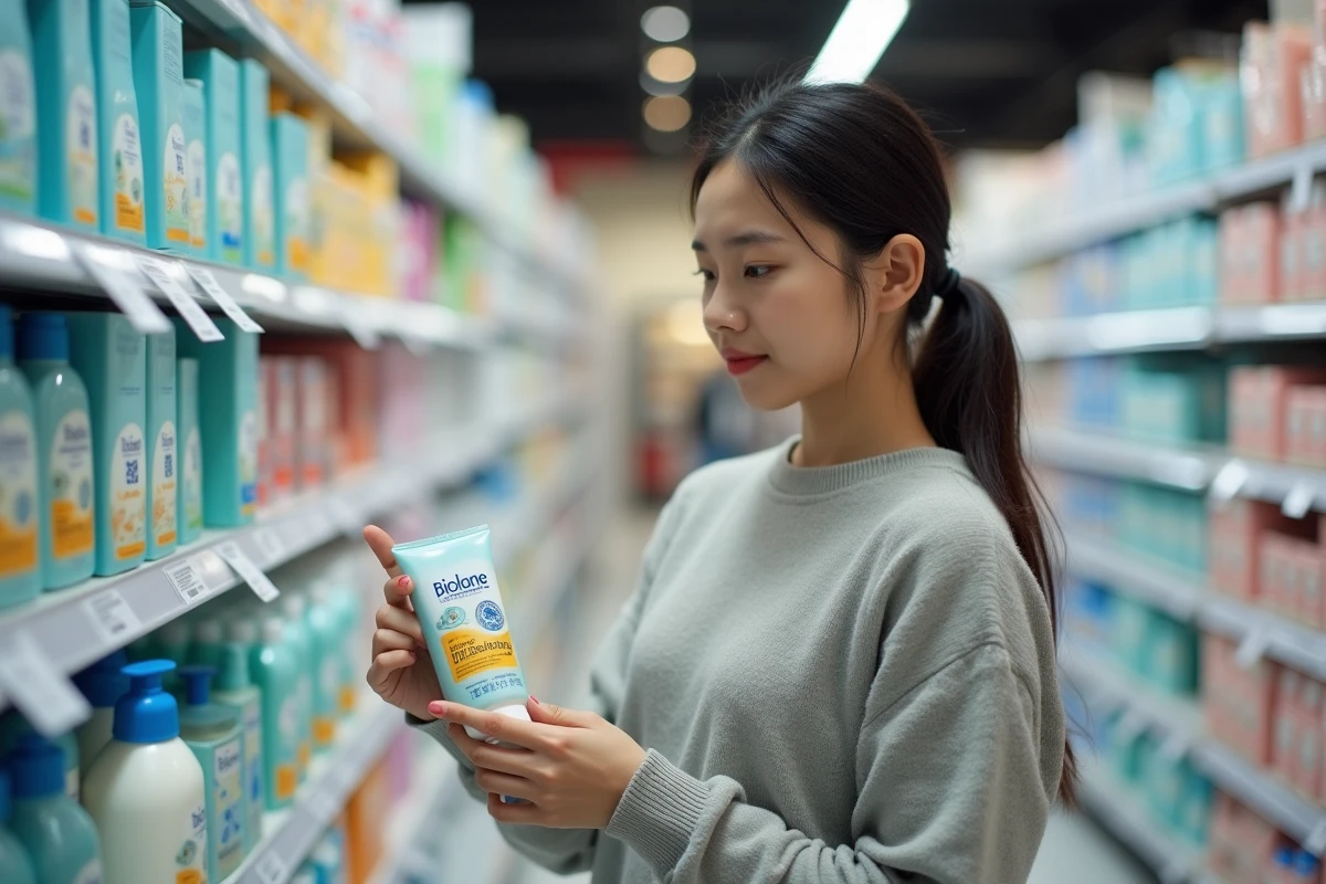 Femme comparant la crème hydratante Biolane avec d'autres produits en rayon de grande surface