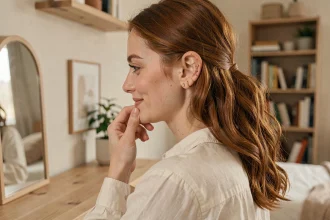 Jeune femme avec plusieurs piercings d'oreille en constellation de bijoux dorés, style minimaliste scandinave