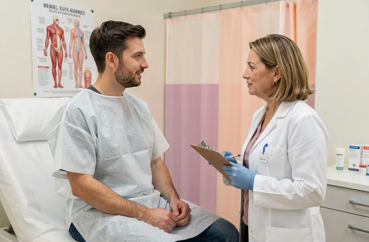 Patient en consultation dermatologique discutant de l'utilisation des crèmes dépilatoires avec un médecin spécialiste