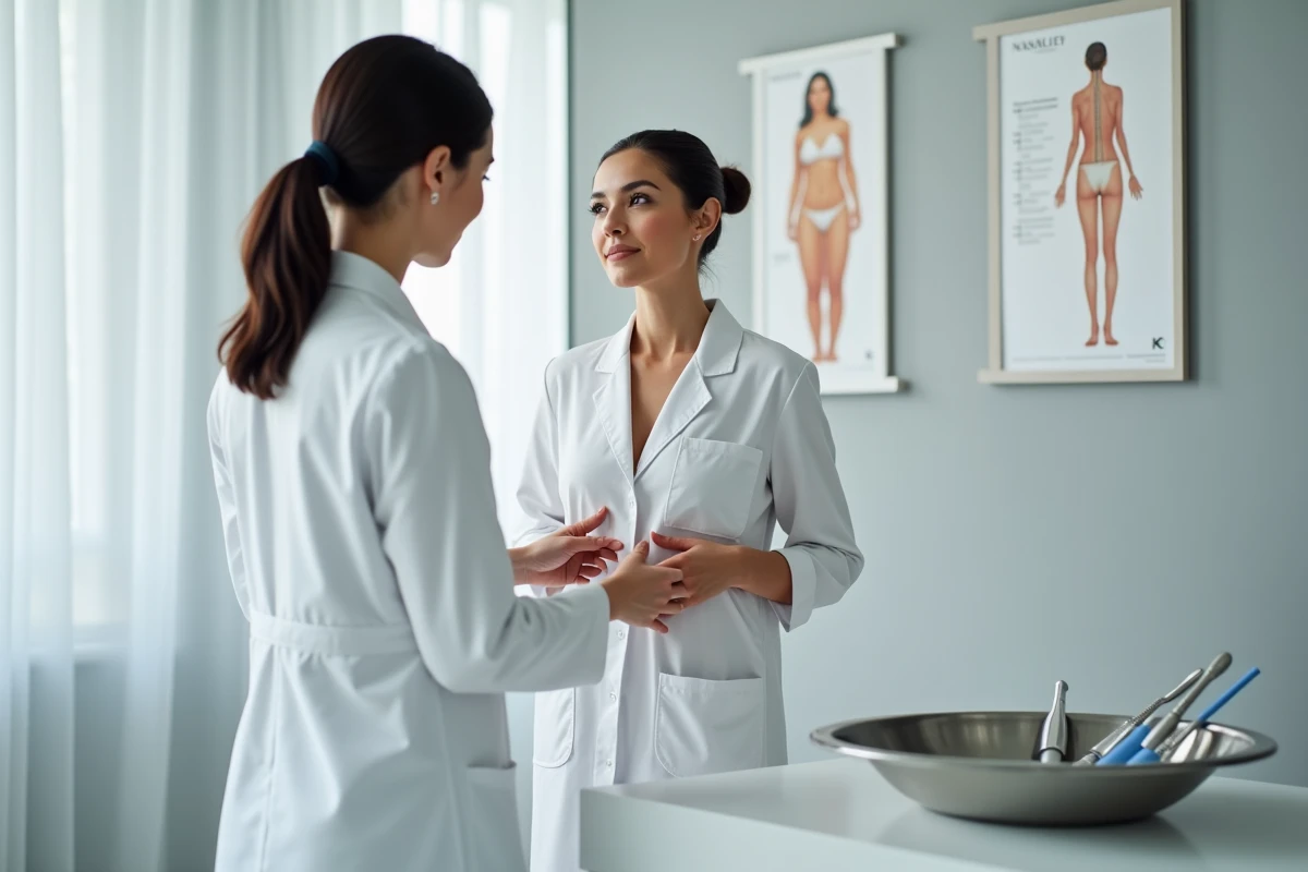 Consultation esthétique pour peau relâchée après grossesse, praticienne examinant l'abdomen d'une patiente en cabinet médical