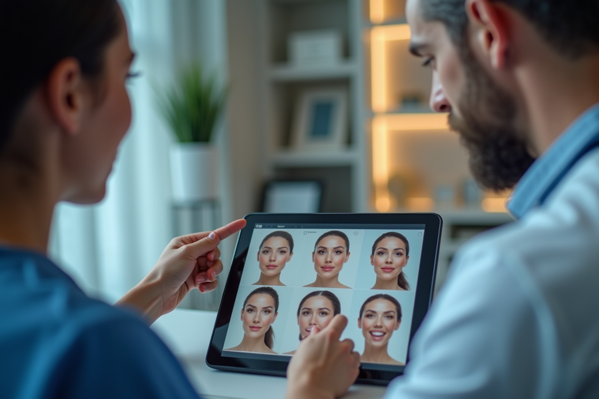 Professionnel montrant des procédures esthétiques sur une tablette