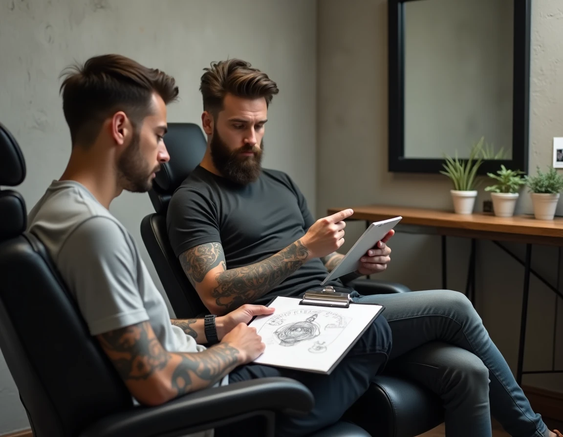 Client et tatoueur en consultation dans un salon de tatouage minimaliste à Toulouse, examinant un dessin de tatouage personnalisé