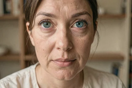 Gros plan sur les yeux bleu-vert d'une femme aux iris aux nuances changeantes, illustrant la diversité des couleurs des yeux