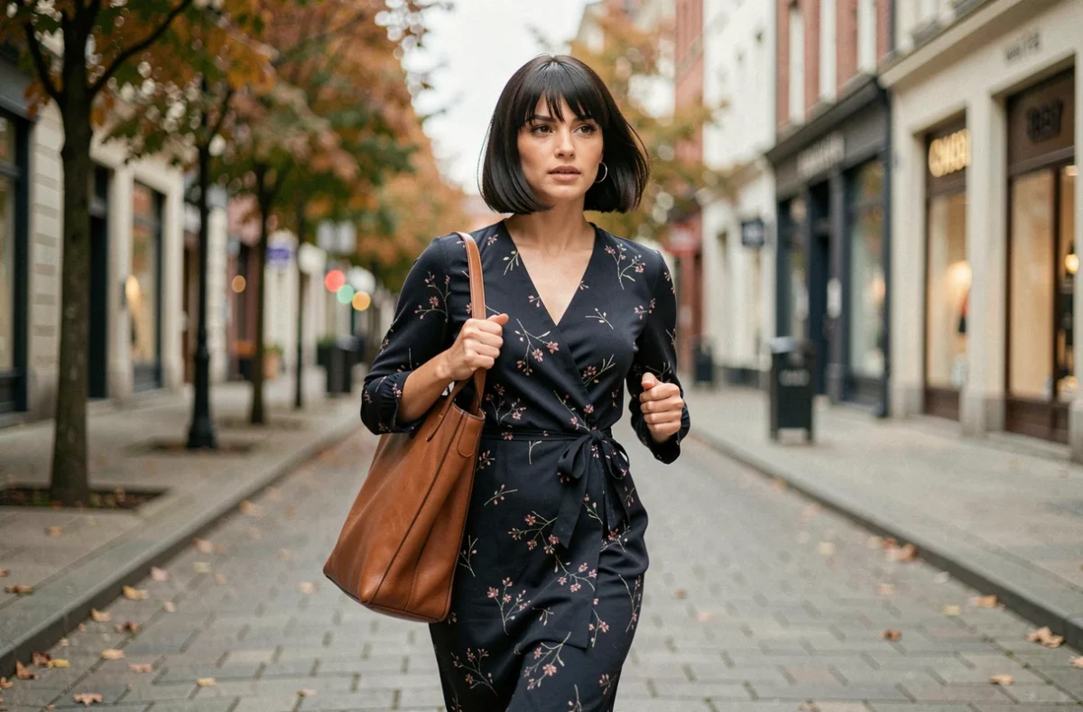 Femme avec un carré plongeant marchant dans une rue urbaine européenne, allure stylée et dynamique