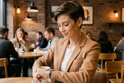 Femme aux cheveux courts en pixie cut portant un blazer camel dans un café moderne, style pressé et élégant