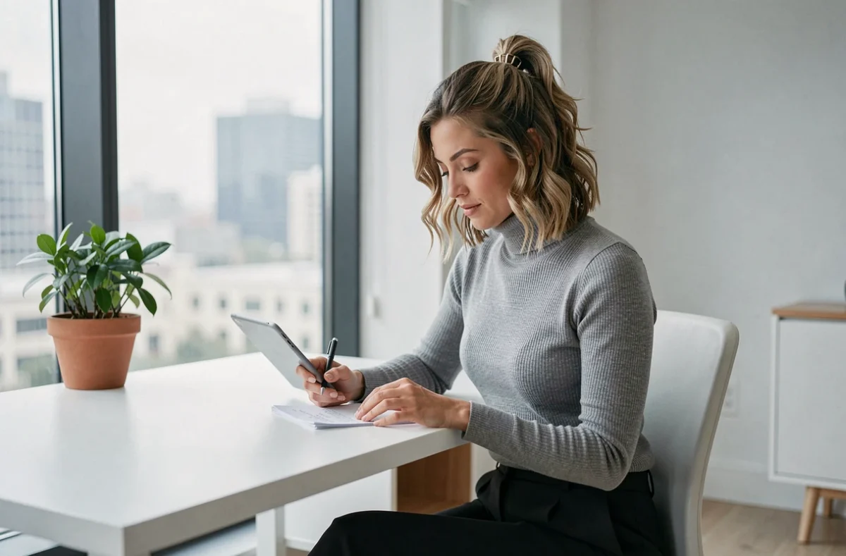 Femme avec un lob ondulé mi-attaché travaillant dans un bureau minimaliste moderne, style décontracté et chic