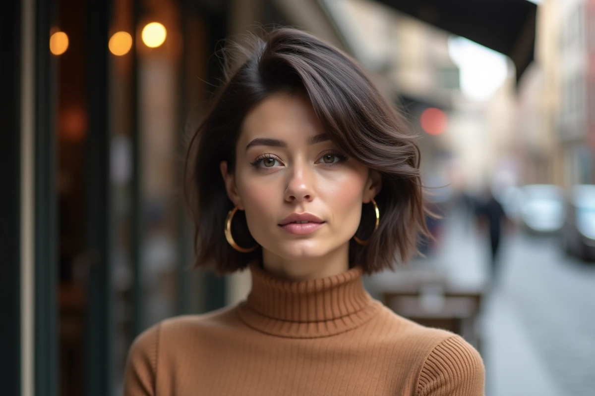 Femme avec coupe courte bob asymétrique visage rond en extérieur urbain, coiffure facile tendance